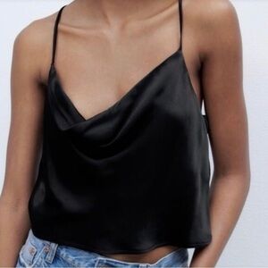 Zara New Satin Black Cowl Neck Tank Medium